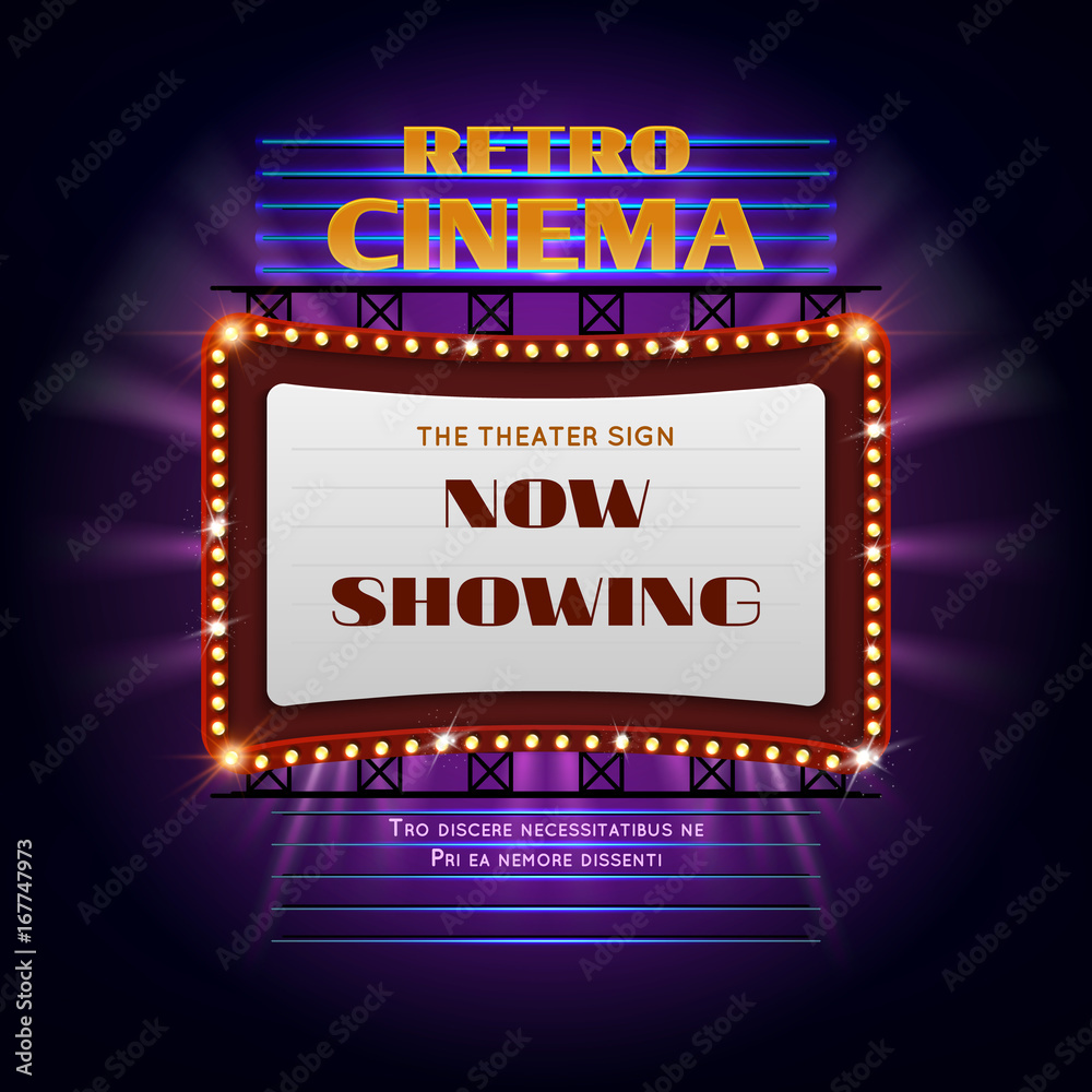 Fototapeta premium Retro hollywood cinema 3d glowing light sign. Movie light display billboard vector illustration