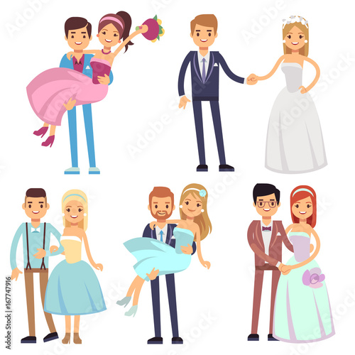 Happy smiling wedding couples isolated vector set. Young brides and grooms cartoon characters