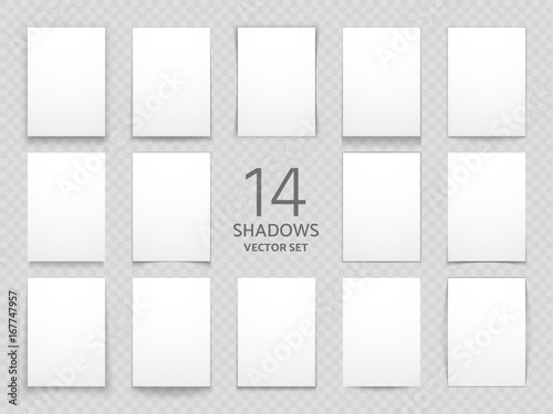 Blank paper cards with different transparent shadows isolated. Big vector shadow set for multipurpose design