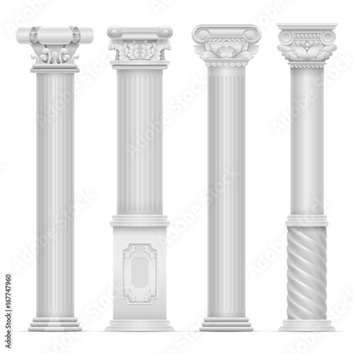Realistic white antique roman column vector set. Building stone columns