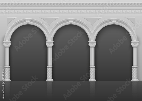 Classic roman antique interior with stone arches and columns vector illustration