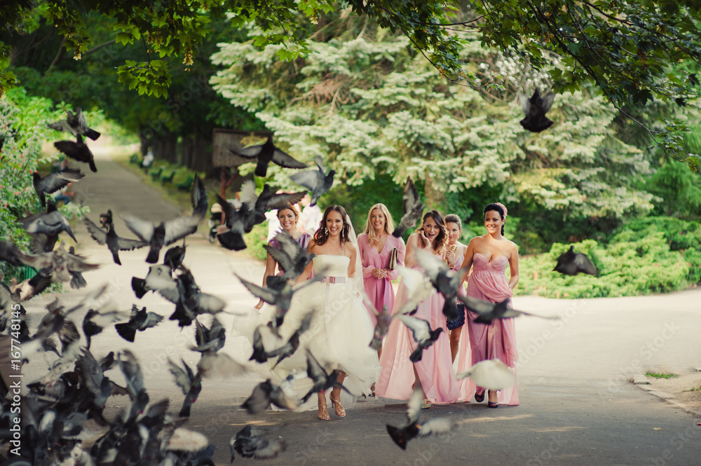 Fototapeta premium Bride with bridesmaids in pink dresses for a walk