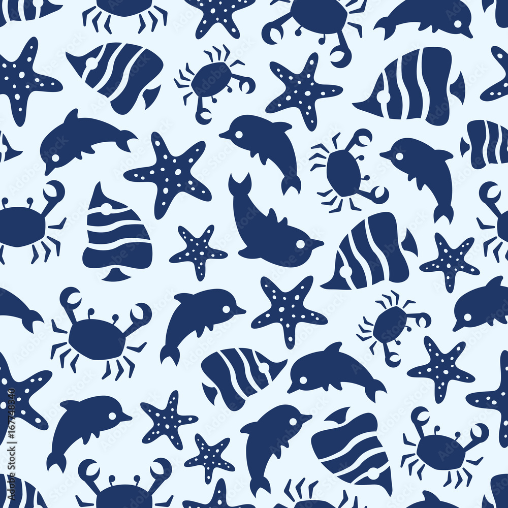 Sealife seamless pattern with fish, sea stars, crabs and dolphins Sealife seamless pattern with fish, sea stars, crabs and dolphins