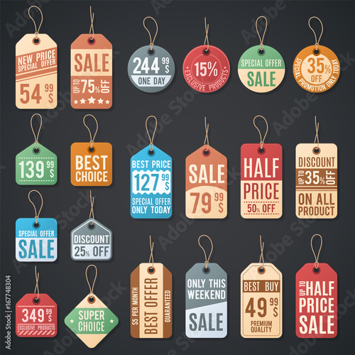 Price tags and sale labels with thread