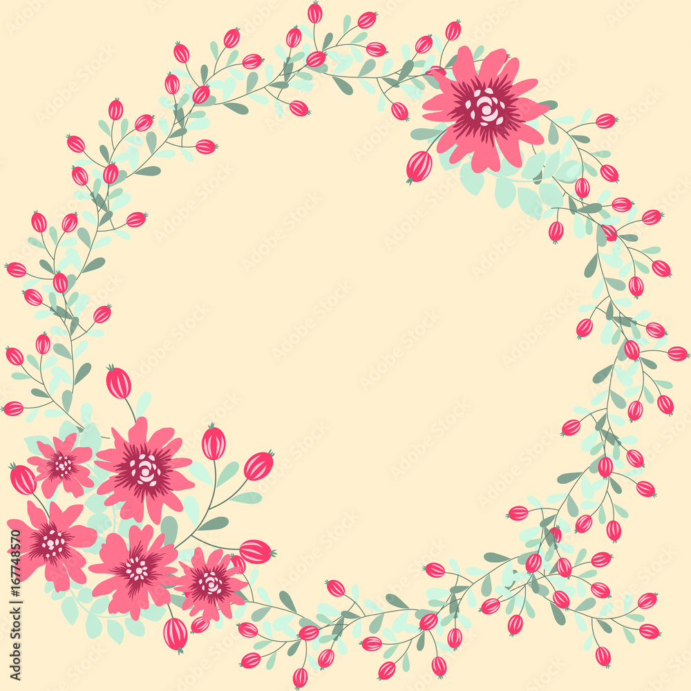 Floral round frame from cute flowers. Greeting card template. Design artwork for the poster, tee shirt, pillow, home decor. Summer flowers with green leaves.