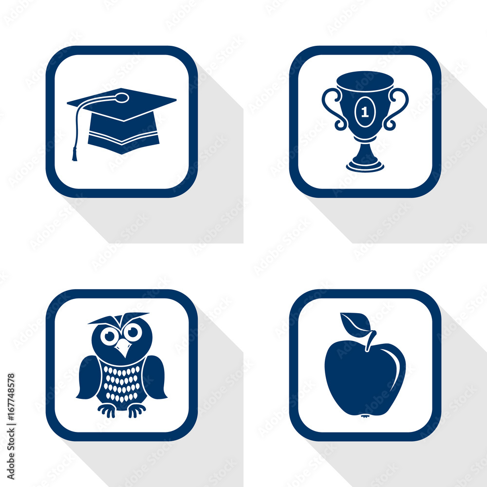 flat design icons education set - graduation, cup, apple, owl flat design icons education set - graduation, cup, apple, owl