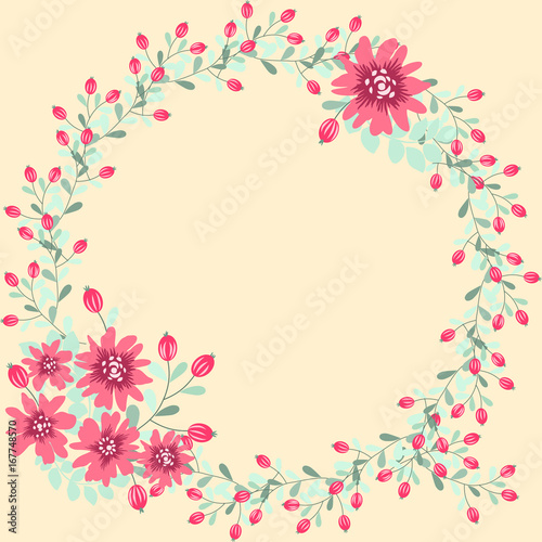 Floral round frame from cute flowers. Greeting card template. Design artwork for the poster, tee shirt, pillow, home decor. Summer flowers with green leaves.
