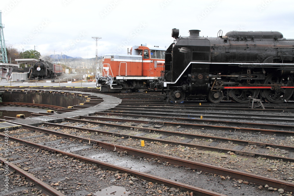梅小路蒸気機関車庫の蒸気機関車とディーゼル機関車