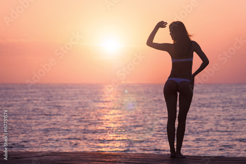 Beautiful woman silhouette over ocean sunrise background © Nickolay Khoroshkov