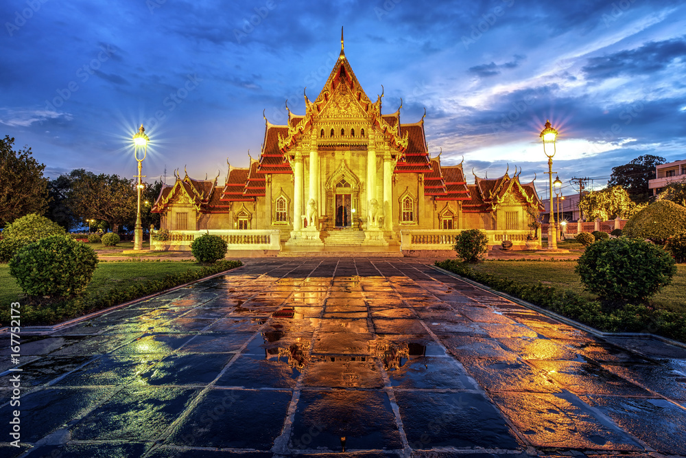 Wat Benchamabophit, The ancient marble temple in Bangkok Thailand , after rainy and twilight time, this temple was built in Buddhist era 2441, this year is Buddhist era 2559.