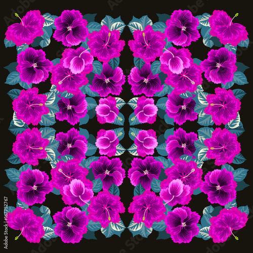 Square composition in tropical flowers of hibiscus. Floral exotic  enchanting background for scarf print, textile, covers, surface, scrapbooking, decoupage. Bandana, pareo design.