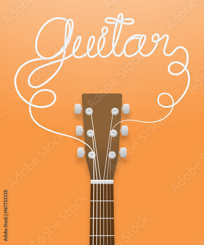 Acoustic guitar brown color and guitar text made from guitar strings illustration concept idea isolated on orange gradient background, with copy space vector eps10