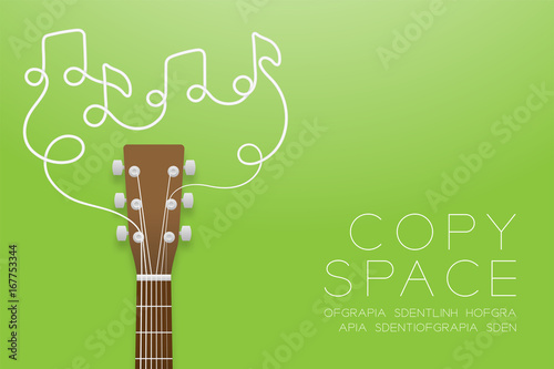 Acoustic guitar brown color and music note symbol made from guitar strings illustration concept idea isolated on green gradient background, with copy space vector eps10