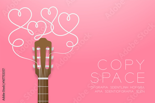 Classic guitar brown color and heart symbol made from guitar strings illustration concept idea isolated on pink gradient background, with copy space vector eps10