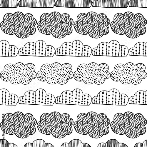 Decorative clouds. Black and white illustration, seamless pattern for coloring book, pages. Vector