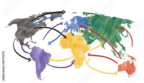 Sketch or handdrawn concept for globalization, global networking, travel or global connection or transportation with connecting arrows. photo