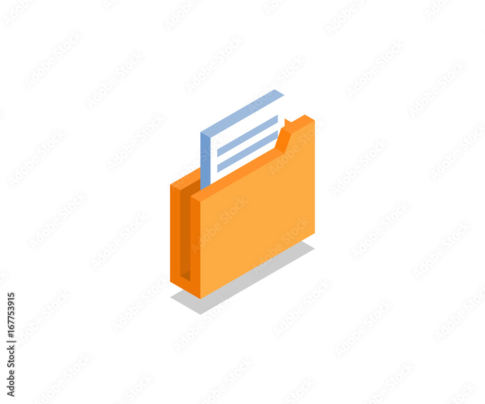 Folder with documents icon, illustration, vector symbol in flat isometric 3D style isolated on white background.