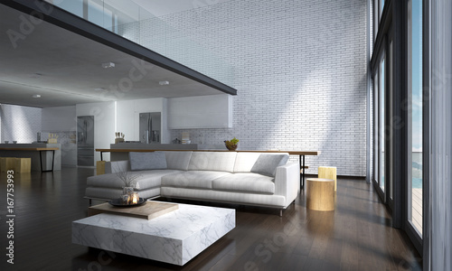 The modern lounge and double space living room interior design and brick wall background