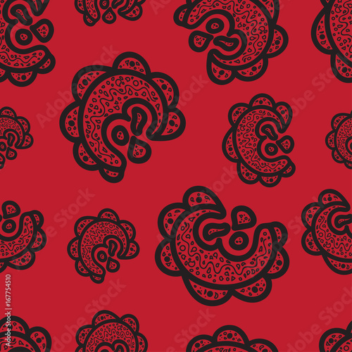 Seamless pattern. Black doodle elements on red background. Ornaments for web, wrapping paper, print, card, fabric, textile design. Vector illustration. Bright texture. Abstract backdrop. Aztec style.