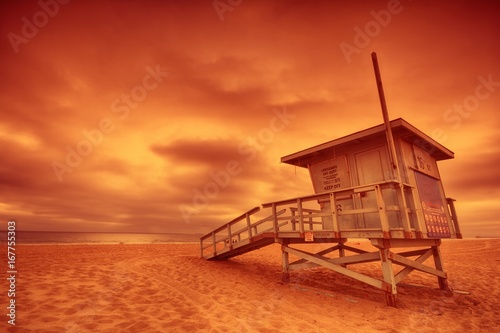 Lifeguard tower at sunset at Hermosa Beach, California © StockPhotoAstur