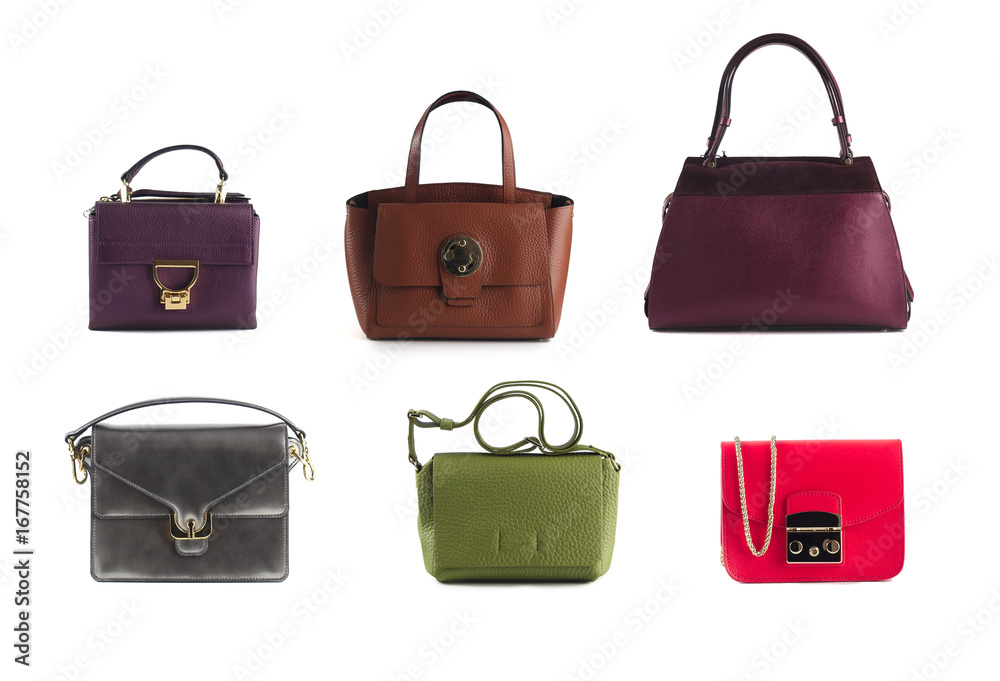 group of color leather women handbags isolated on white background group of color leather women handbags isolated on white background