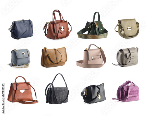 group of color leather women handbags isolated on white background