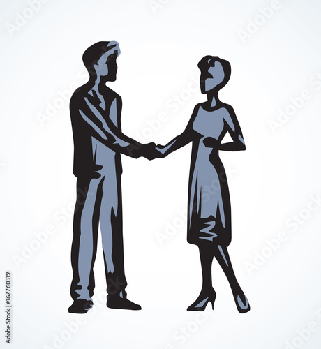 Handshake of man and woman. Vector drawing