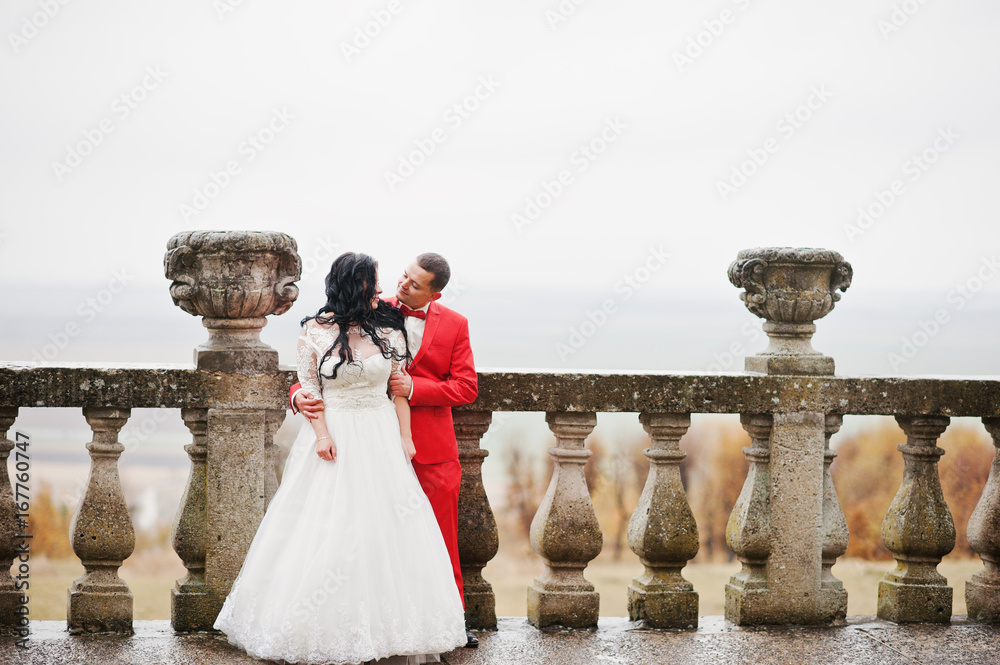 Fantastic wedding couple standing on the terrace with a view of a surrounding countryside.