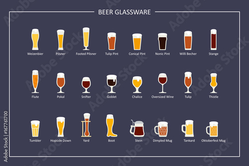 Beer glasses types guide, flat icons on dark background. Horizontal orientation. Vector