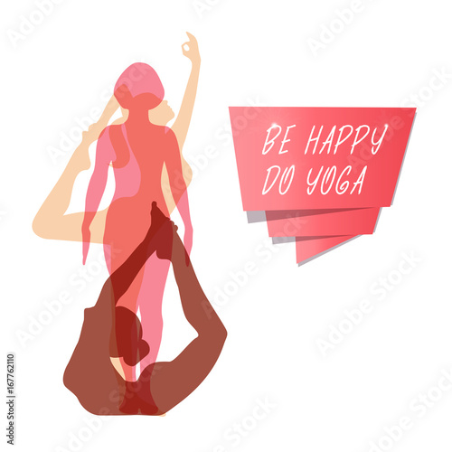 Vector banner with women in the yoga poses. Set of female silhouettes. Relax and meditate. 