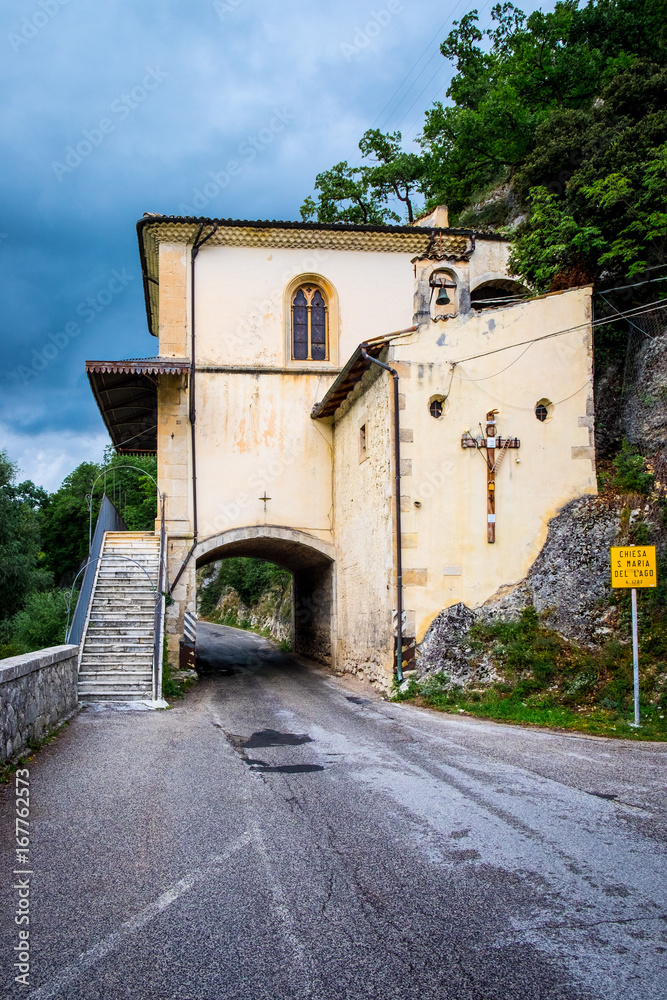 Scanno Lake, Scanno, Abruzzo, Central Italy, Europe. The little church Madonna del Lago.