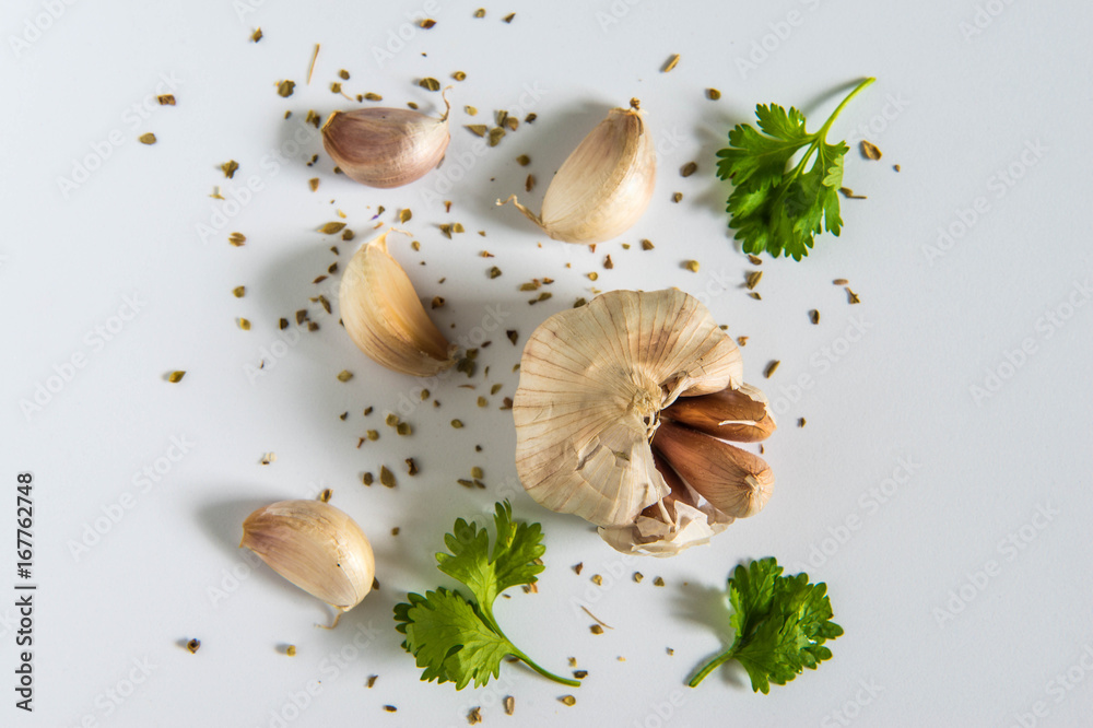 Spices containing with garlic, spring onion and oregano on the white background Spices containing with garlic, spring onion and oregano on the white background