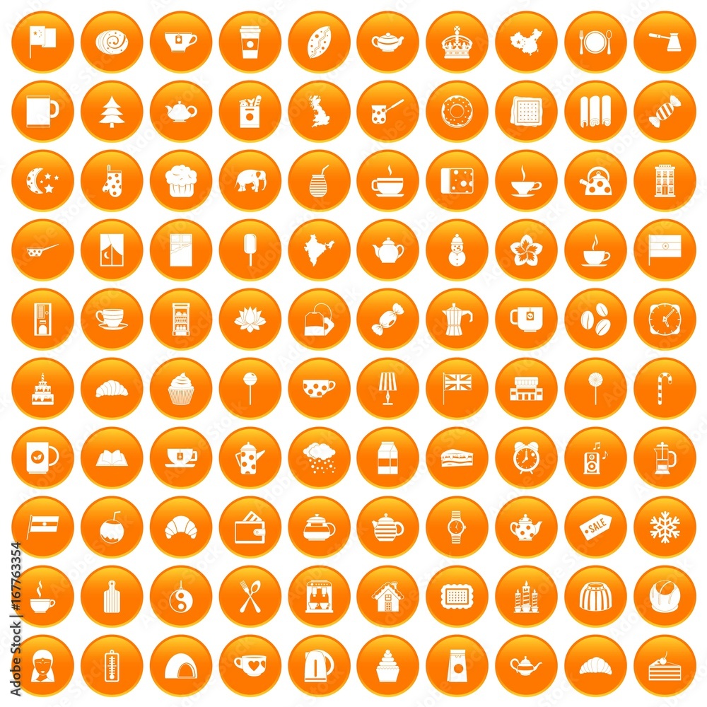 100 tea cup icons set orange