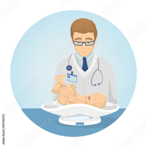 Doctor weights the baby.