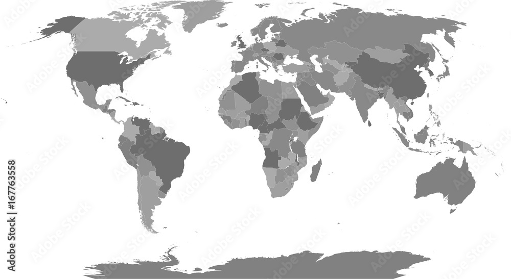 Political map of the world. Individual countries colored in the shades of gray. Robinson projection.
