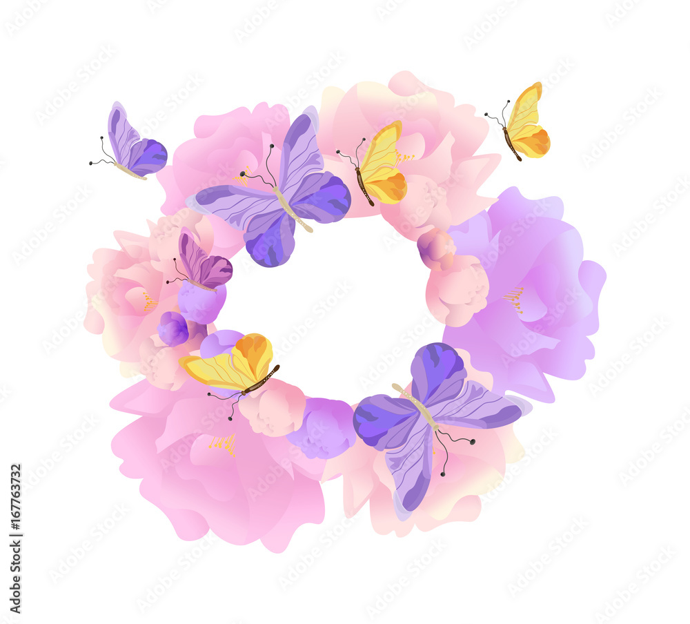 Butterflies and flowers round wreath background Vector. Pastel colors