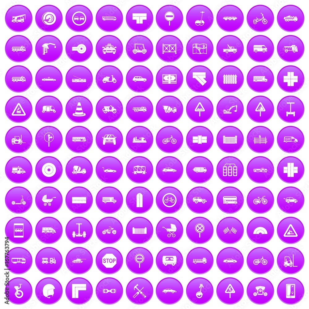 100 road icons set purple