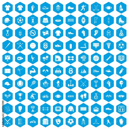 100 athlete icons set blue