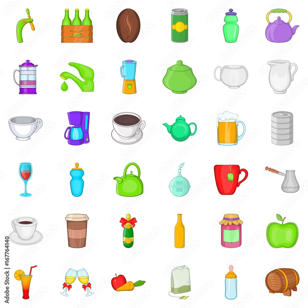 Beverage icons set, cartoon style Beverage icons set, cartoon style