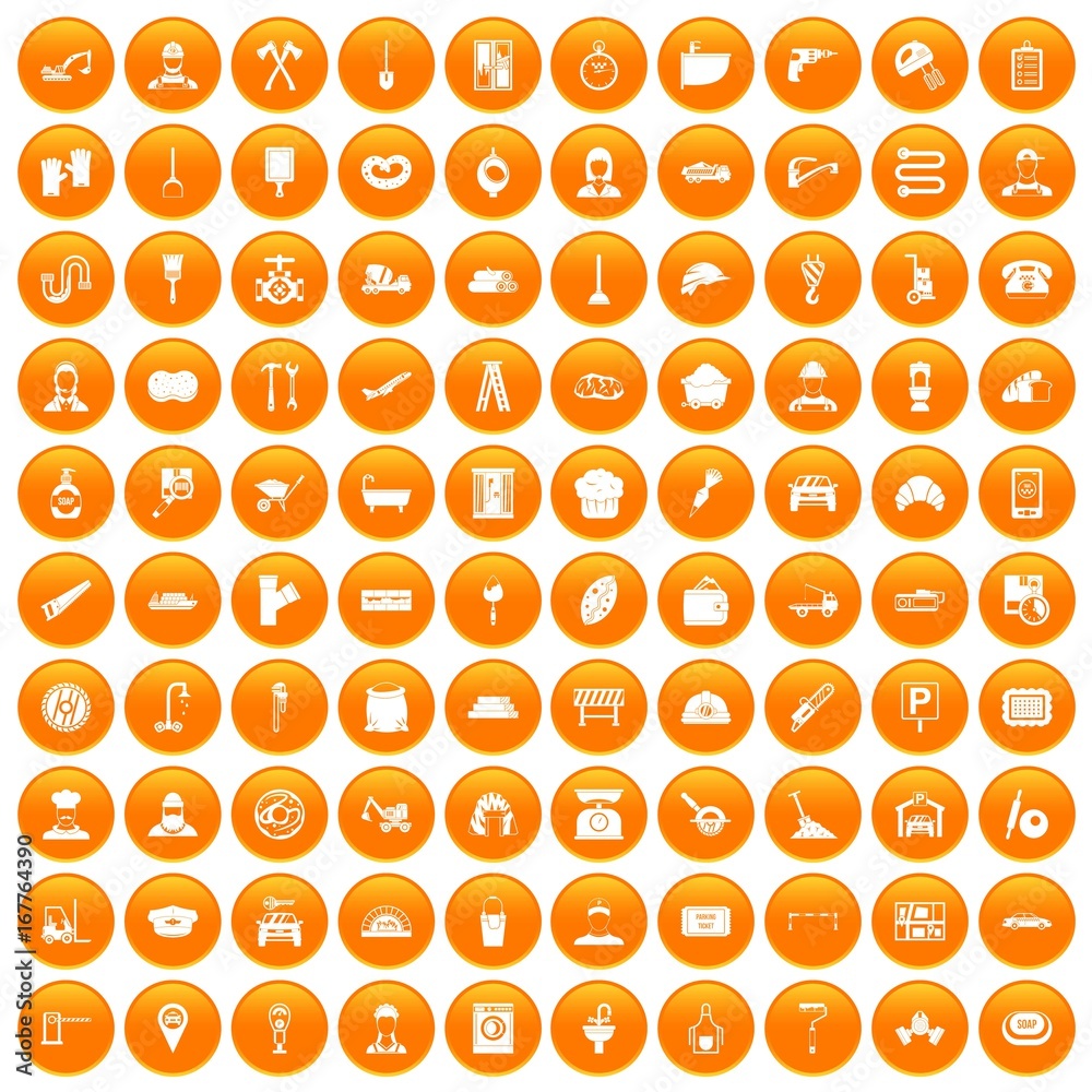 100 working professions icons set orange