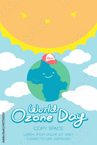 World Ozone Day 16 September vertical Banner set, Global warming concept smile earth with cap protection, sun, sky and cloud illustration isolated on blue background, with copy space