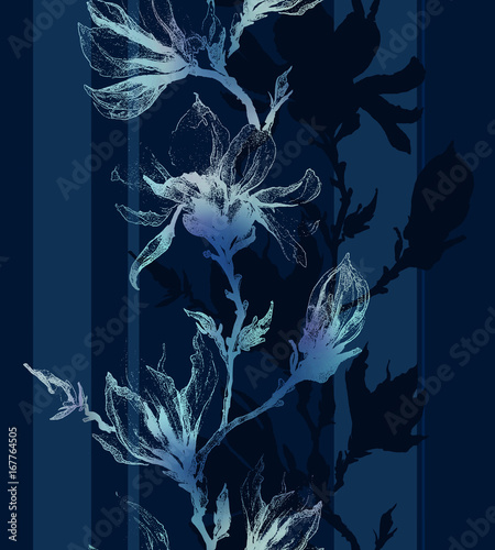 Light contour of magnolia flowers on a twig and vertical lines on dark sapphire blue background. Seamless pattern.