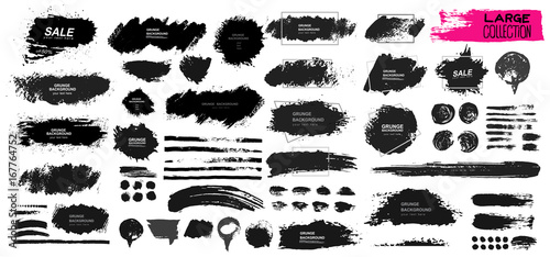 Large set of black paint, ink brush, brush. Dirty element design, box, frame or background for text. Line or texture. Vector illustration. Isolated on white background. Blank shapes for your design