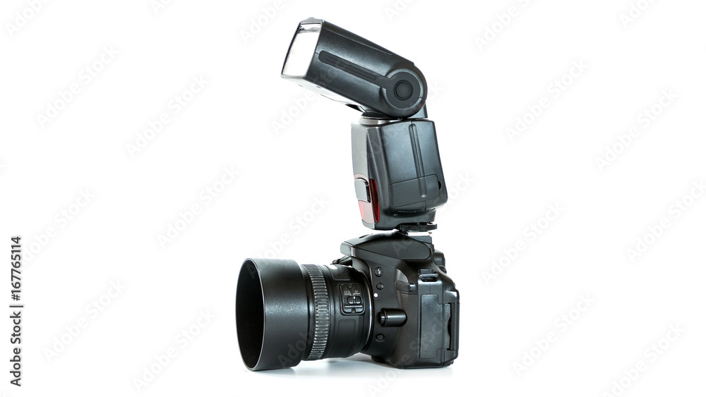 Digital SLR camera with flash isolated on white background.