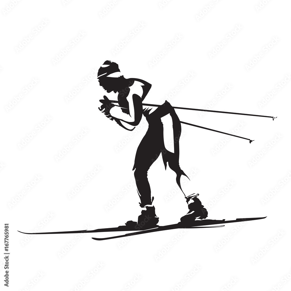 Cross-country classic style nordic skiing vector silhouette, side view