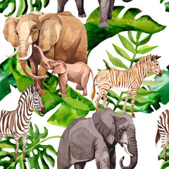Sierkussen Tropische print patronen Aquarel zebra en olifant patroon  © yanushkov