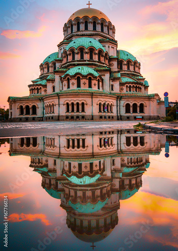 Alexander Nevsky Cathedral with a beautiful reflection in the pond on a sunset in Sofia, Bulgaria