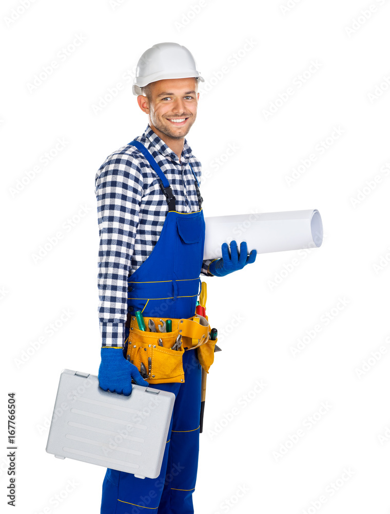 Side view of happy construction worker with toolbox and drawings Side view of happy construction worker with toolbox and drawings