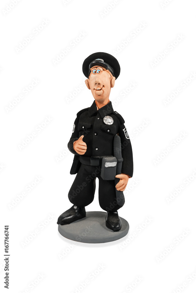 Clay statuette of smiling policeman in black uniform isolated on white background Clay statuette of smiling policeman in black uniform isolated on white background