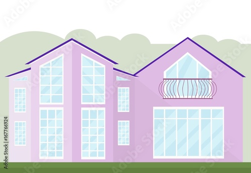 Vintage architecture facade of a glass pink building. Vector illustration autumn background